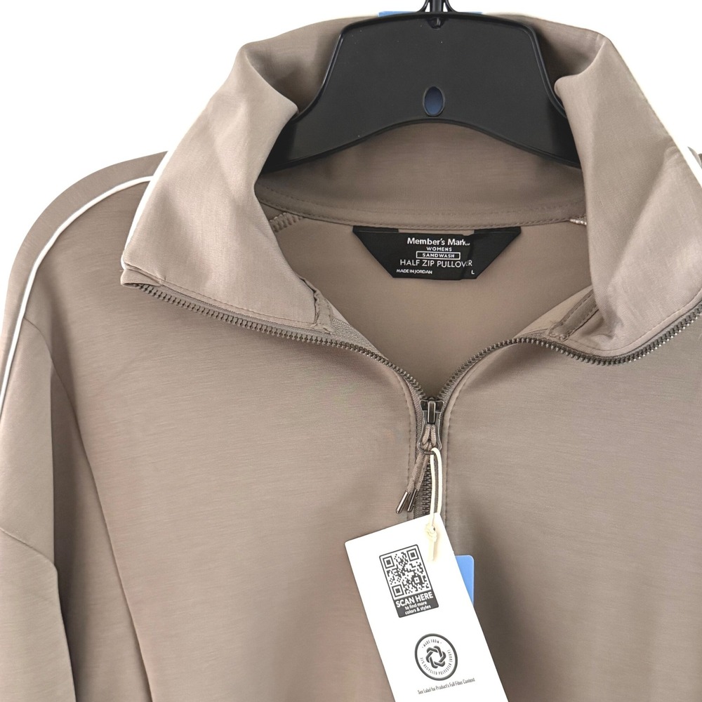 New Member's Mark Pullover Womens L Taupe Sandwash Half Zip Piping Activewear - Picture 12 of 16